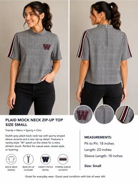 Plaid Mock Neck Zip-Up Top Size Small – Grey Short Sleeve Retro Style Shirt